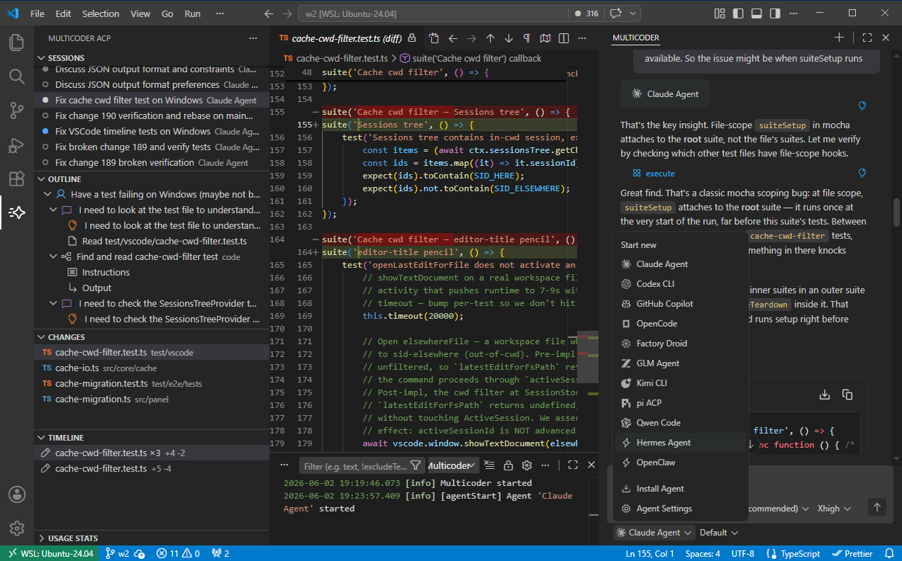 Multicoder running in VS Code with the agent picker open